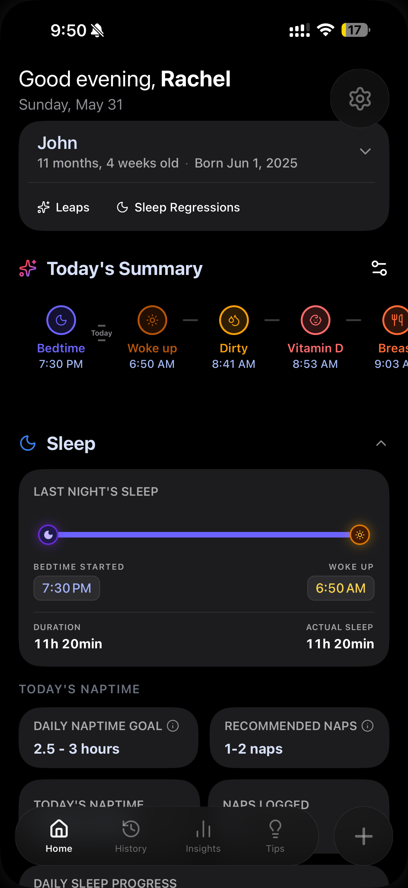 Bubba home screen showing today's summary and last night's sleep